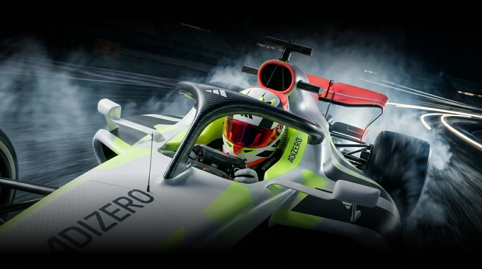 Detalhe da composição Adizero com cockpit do carro em perspectiva