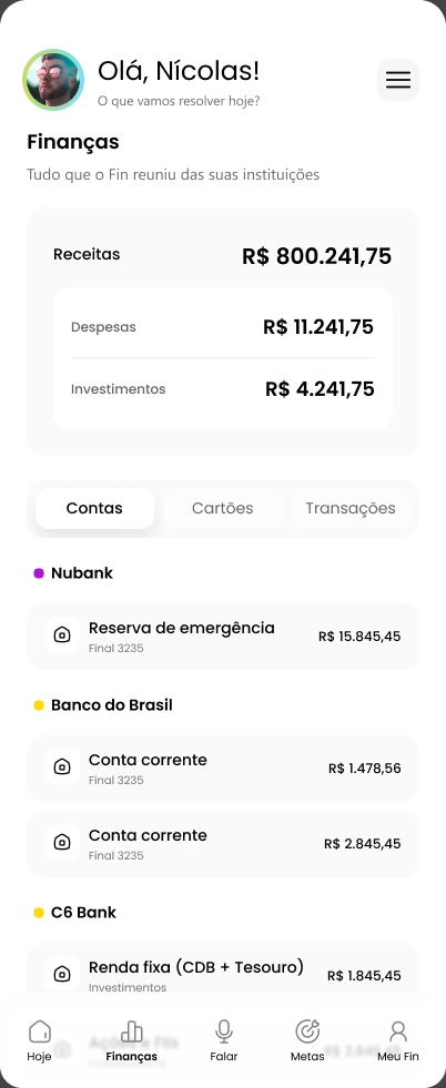 Tela Finanças com contas e informações financeiras