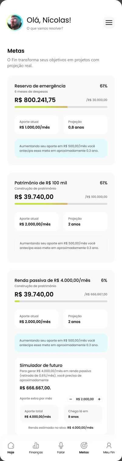 Tela Metas do aplicativo com objetivos e progresso