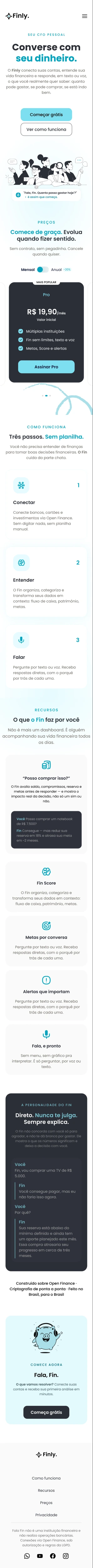 Versão mobile do site Fala Fin, com seções empilhadas e navegação adaptada
