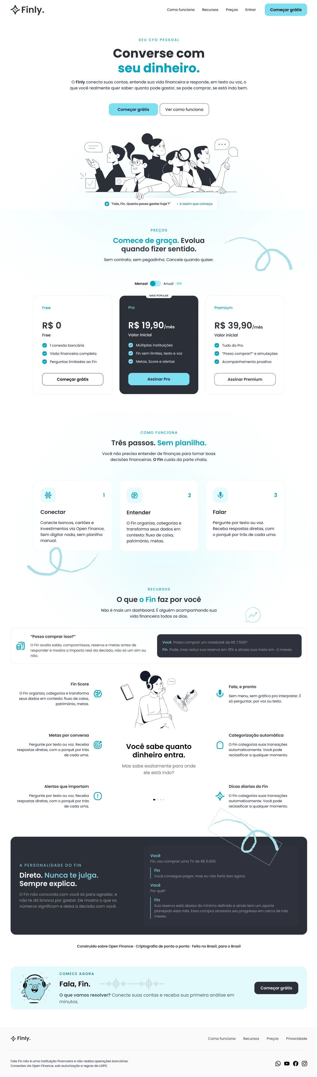 Página completa do site Fala Fin em desktop, com apresentação, planos, recursos e exemplos de conversa