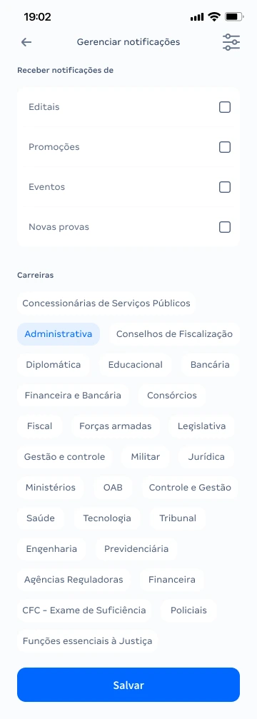 Tela de preferências de notificações e interesses em tema claro