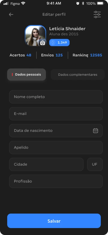 Tela de edição de dados pessoais em tema escuro