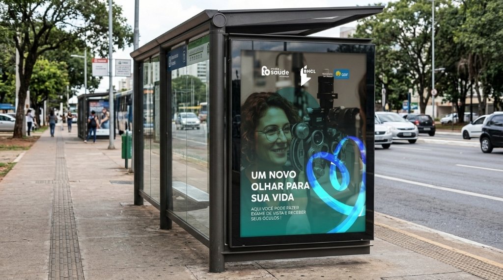 Abrigo de ônibus urbano com cartaz de campanha do programa Minha Saúde