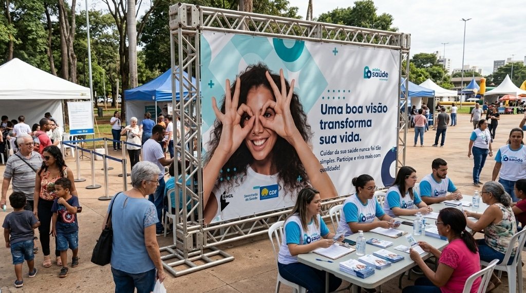 Painel em estrutura truss com foto de mulher fazendo óculos com as mãos e mesas de atendimento com recepcionistas de Minha Saúde