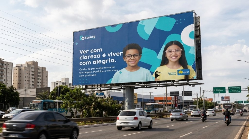Outdoor rodoviário de grande formato Minha Saúde com duas crianças sorrindo de óculos e a frase Ver com clareza é viver com alegria