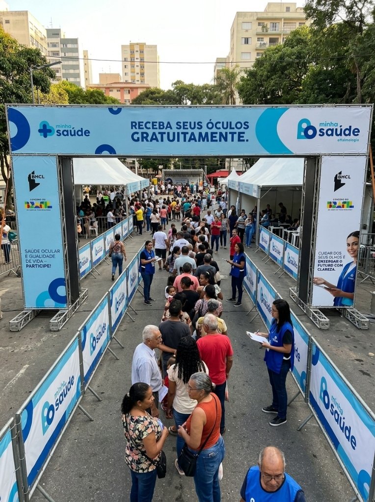 Pórtico monumental em estrutura box truss de entrada do evento com a mensagem Receba seus óculos gratuitamente e fila de atendimento