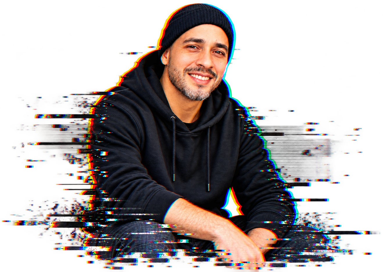 Retrato de Nícolas Souza com efeito glitch cromático