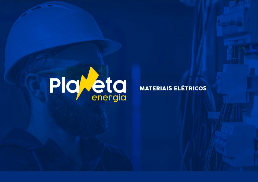 Apresentação da marca Planeta Energia em branco e amarelo sobre uma imagem azul de um profissional e materiais elétricos