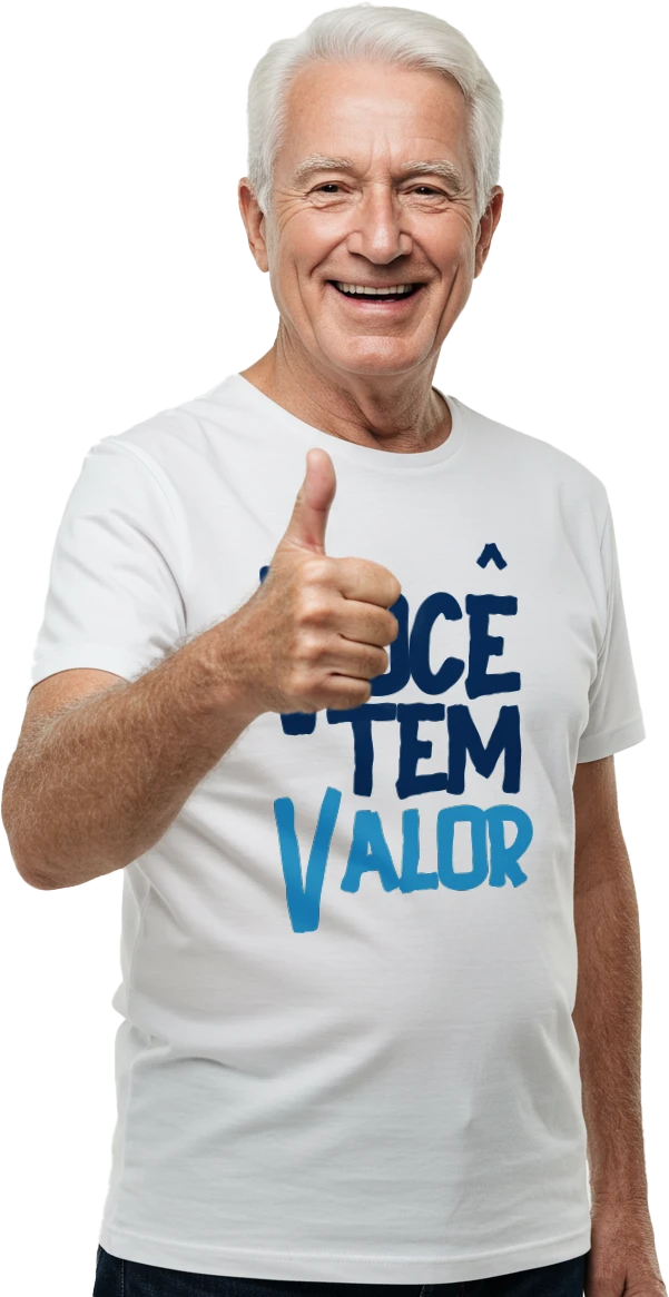 Aplicação da assinatura Você Tem Valor em camiseta branca usada por um homem idoso