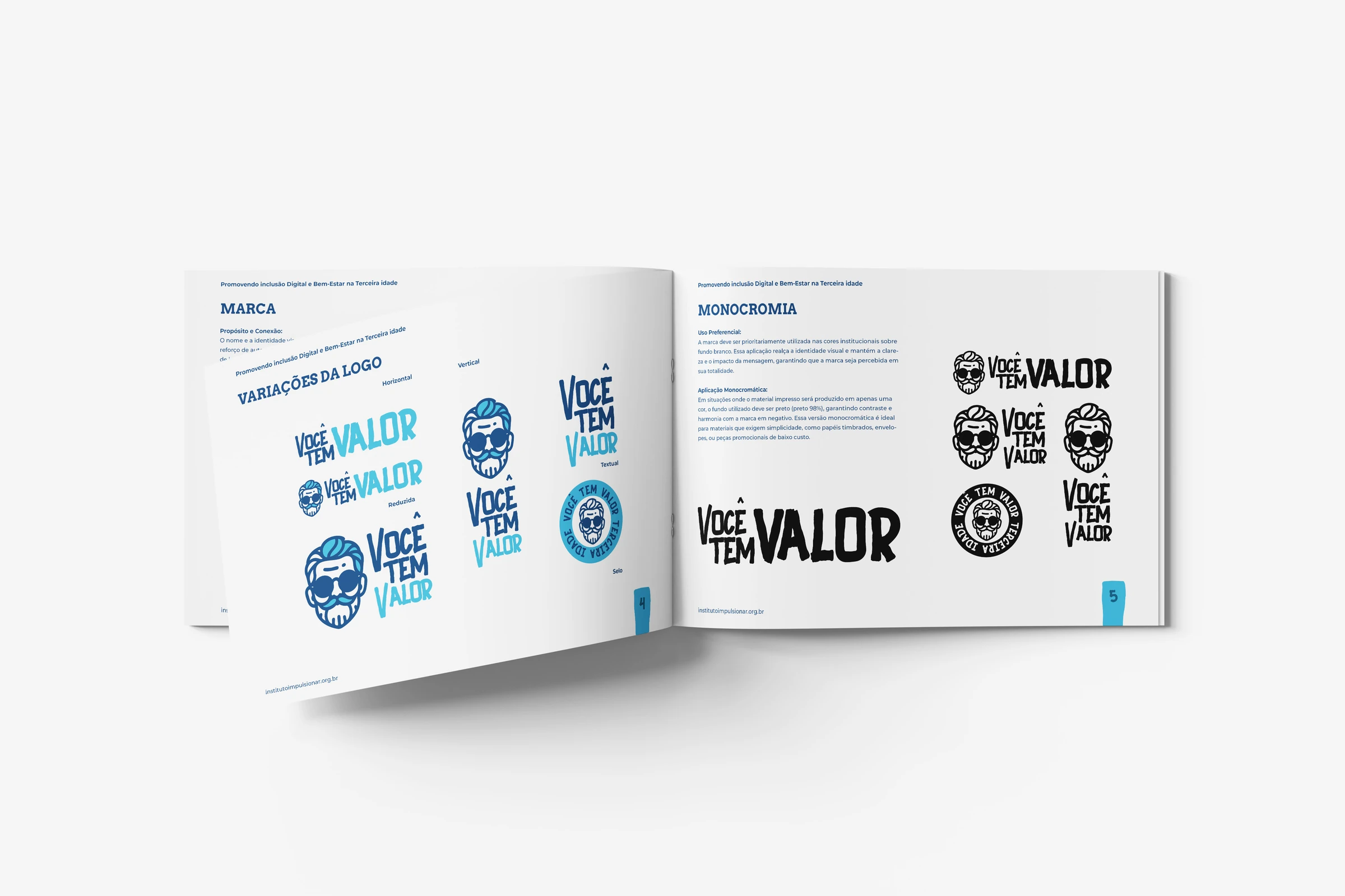 Manual Você Tem Valor aberto nas páginas de variações do logotipo e monocromia