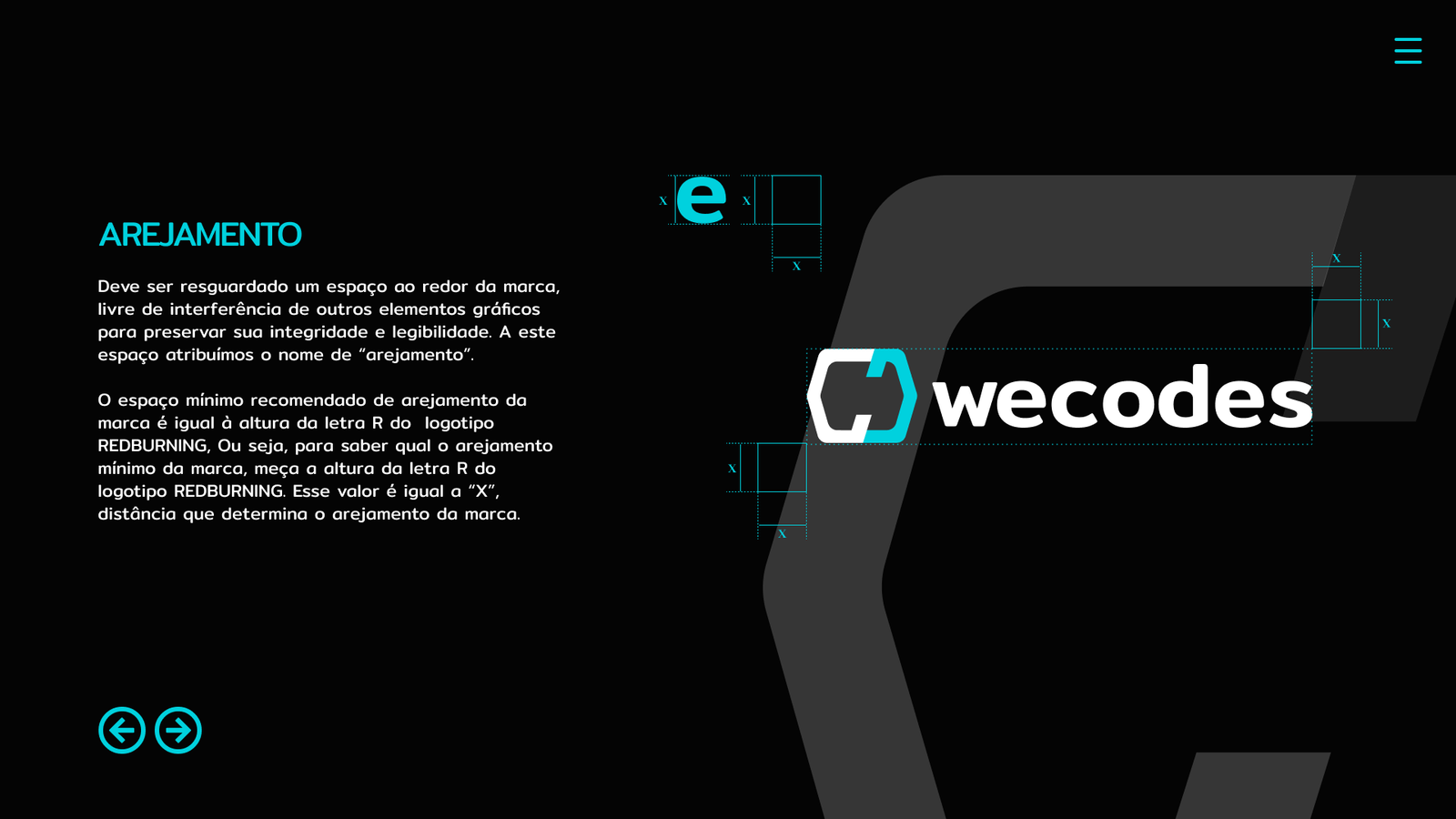 Prancha de arejamento com o logotipo Wecodes e a indicação do espaço de proteção ao redor da assinatura