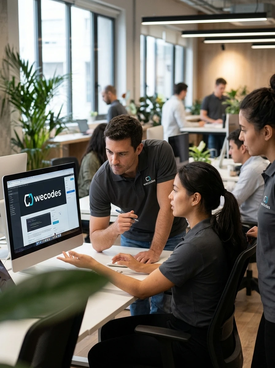 Mockup de uma equipe em um escritório, com a marca Wecodes nas camisetas e na tela do computador