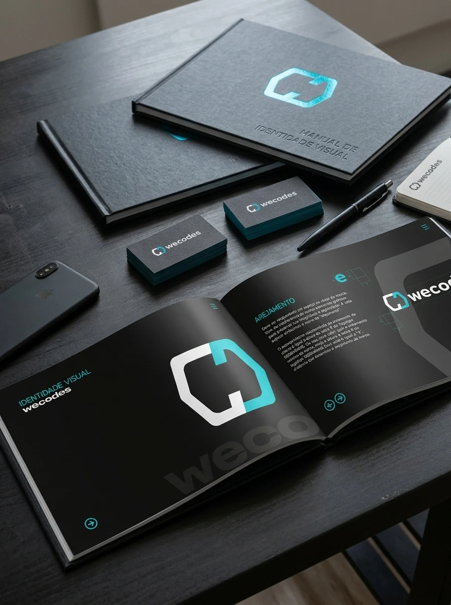 Mockup do manual de identidade visual Wecodes aberto, com cartões, cadernos e materiais de papelaria