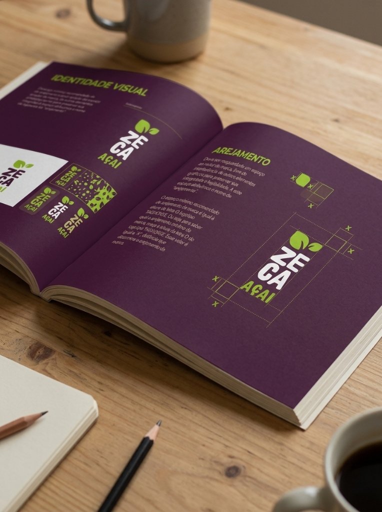 Manual de identidade visual impresso aberto sobre a mesa de trabalho