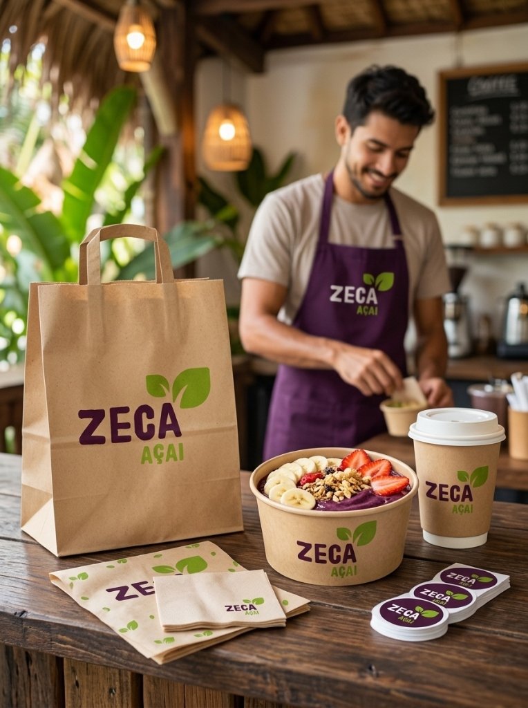 Atendimento no balcão da loja Zeca Açaí com avental institucional, sacola kraft e bowl fresco