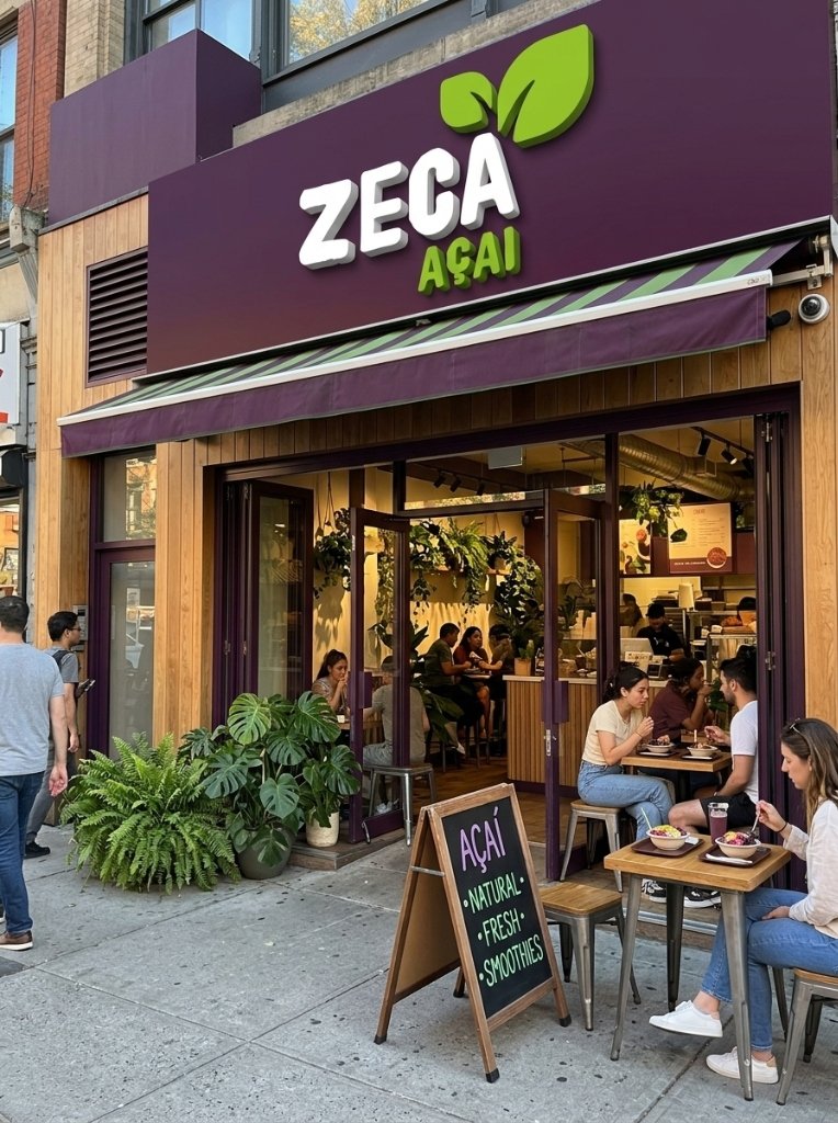 Fachada comercial da loja Zeca Açaí na rua com letreiro 3D e mesas na calçada